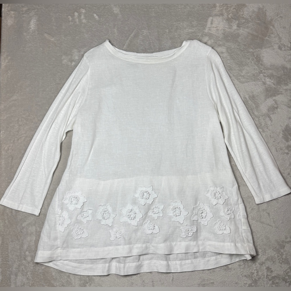 WHYCI Milano White Linen Blend Floral Quarter Sleeve Blouse Size 46 US Size 12